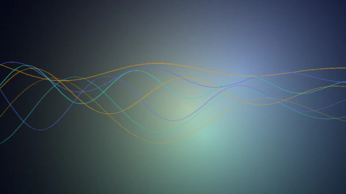 A tangle of bright scattered lines converging into a single calm orange-indigo stream.