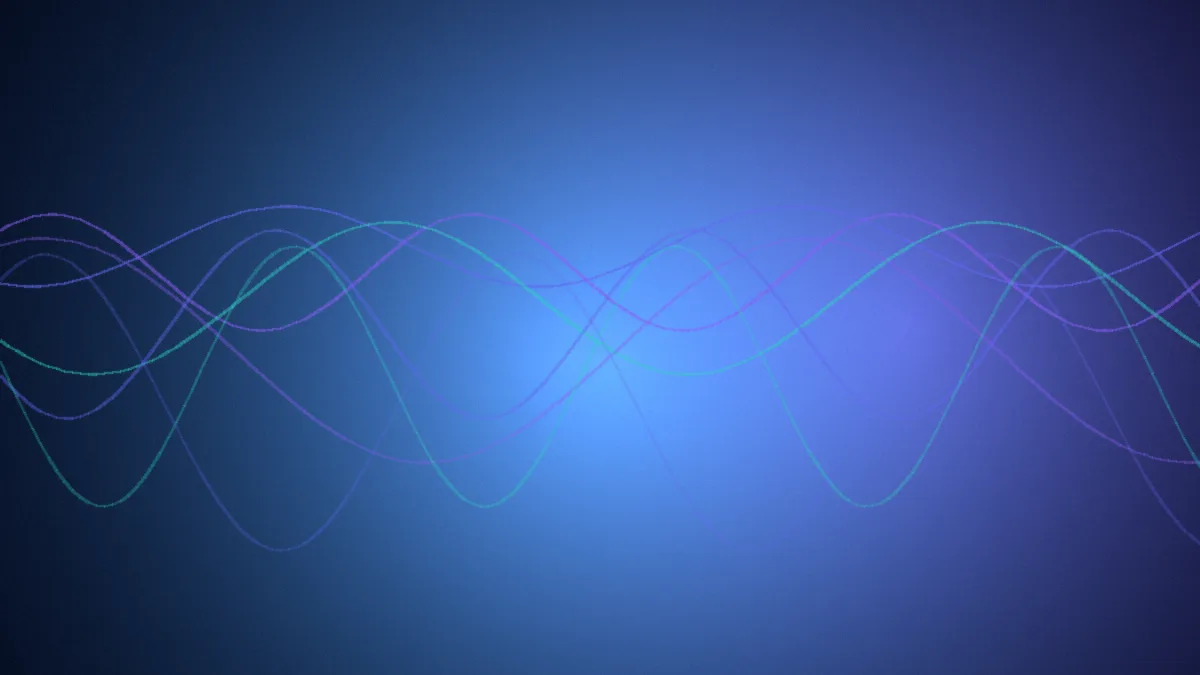 Two overlapping sound waves in indigo and teal merging into one focused beam.