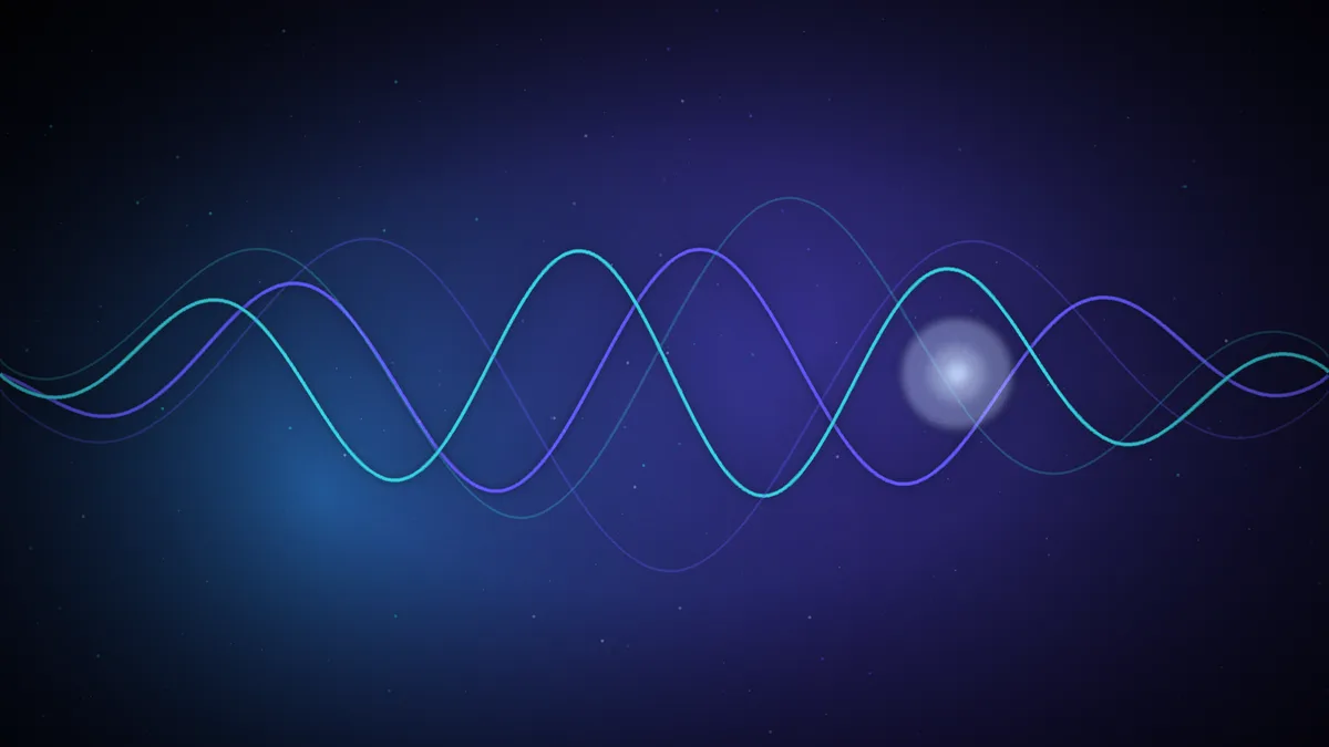 Listener wearing headphones surrounded by sound-wave graphics, representing solfeggio frequencies and other frequency-based audio
