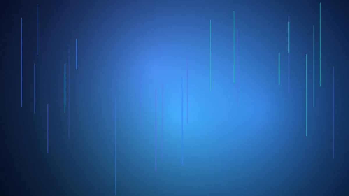 Cascading indigo code-like light streams flowing in parallel lines through darkness.