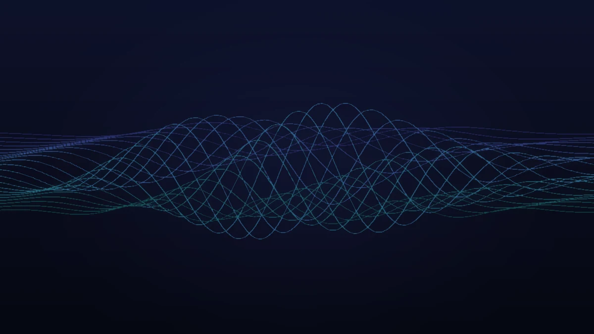 A calm brain silhouette formed from steady sound waves in indigo and teal, evoking focused attention.