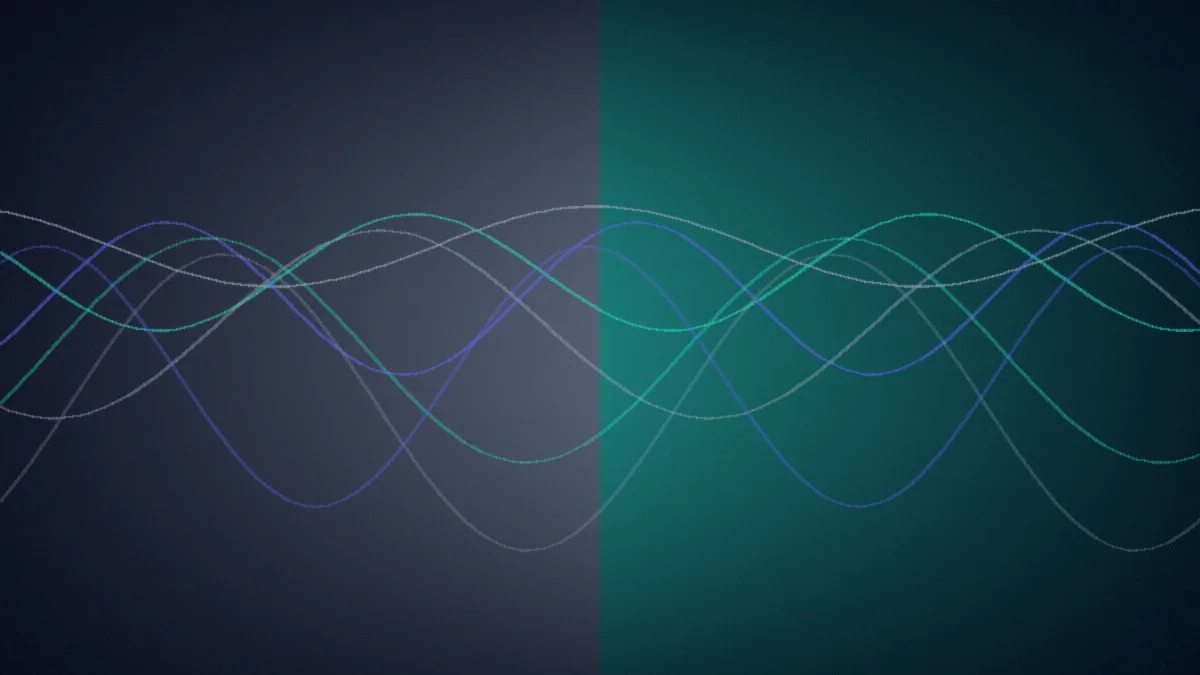 A dim, grainy soundwave on one side transforming into a vivid full-spectrum wave on the other.