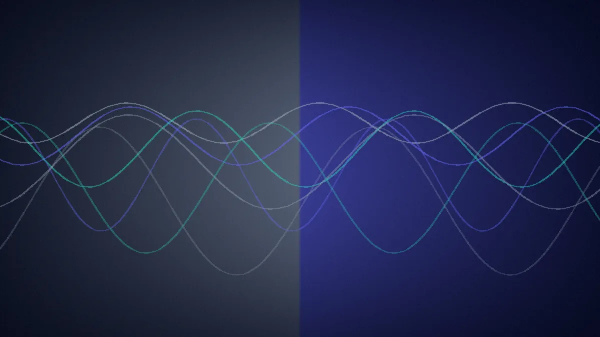 Split image: silver static texture on one side, flowing indigo musical waves on the other.